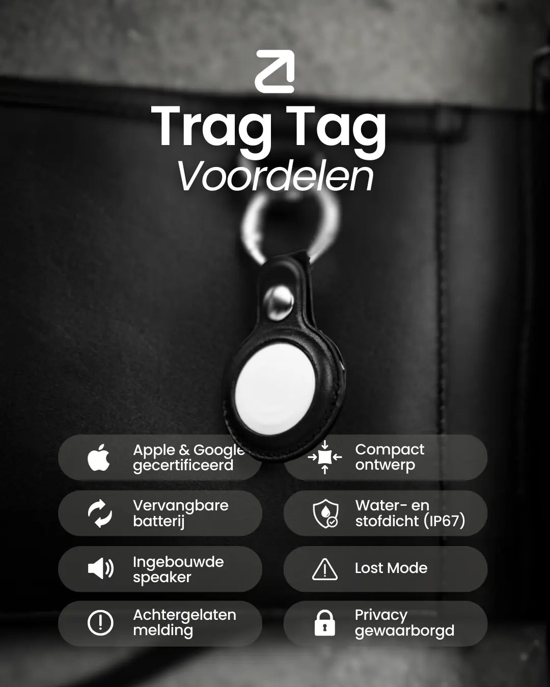 Trag Tag - Apple & Android + Sleutelhanger zwart - Trag