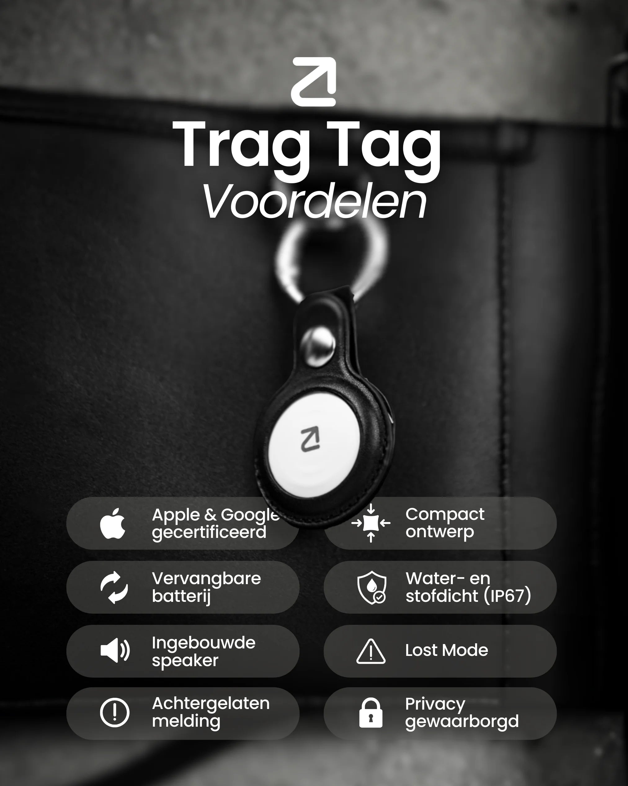Trag Tag - Apple & Android + Sleutelhanger Zwart - Voordelen